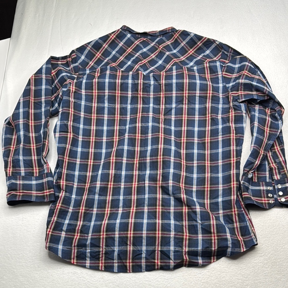 Casual Button Down Shirt Blue Red plaid pearl snaps buttons size XL long sleeve - Picture 6 of 7